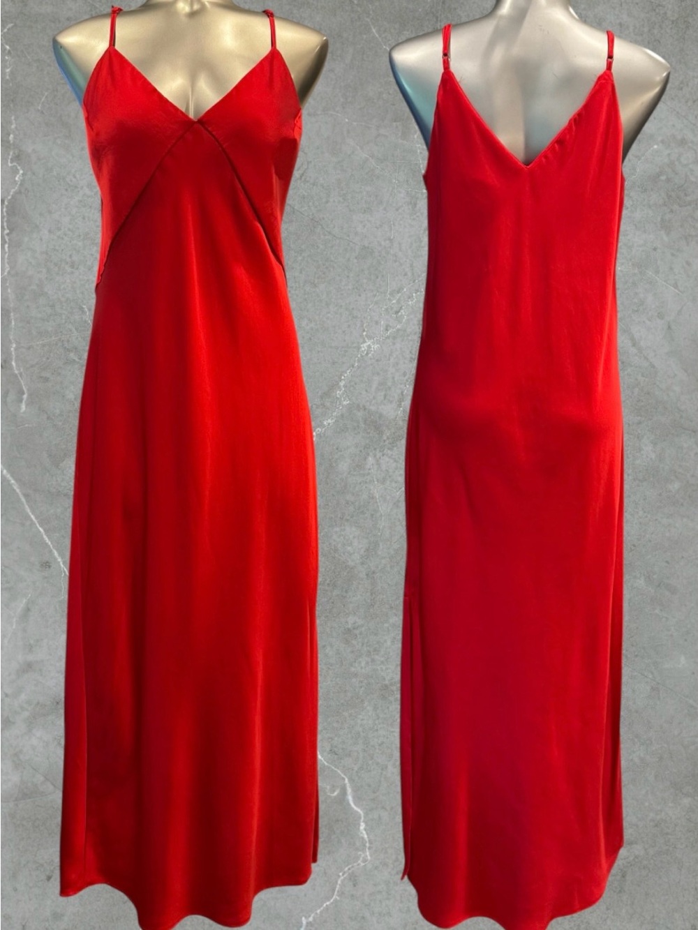 Red Satin V-Neck Maxi Slip Dress